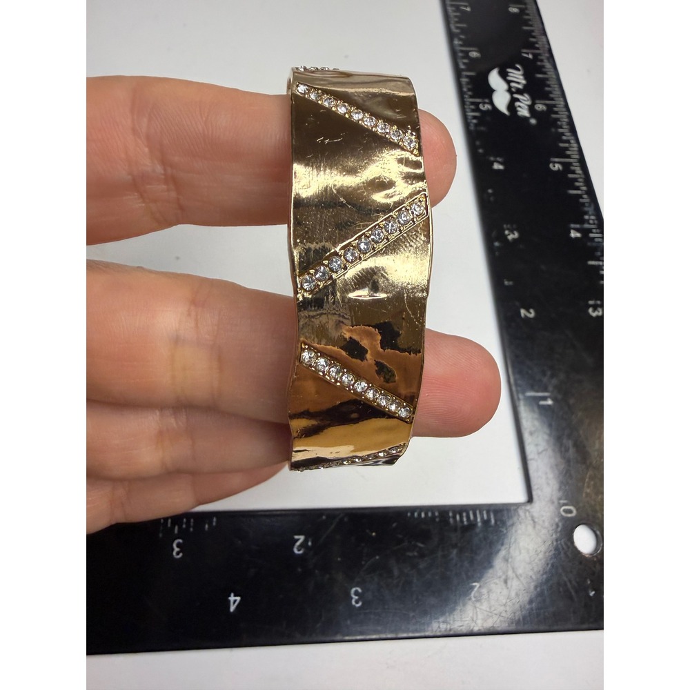Gold Tone Wavy Rhinestone Statement Cuff Bracelet Wide Hammered Style